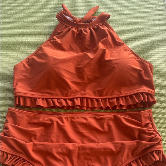 rust orange colored 2 piece bikini with ruffles halter top full coverage bottom - Picture 3 of 10